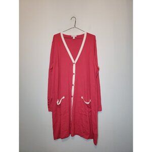 Susan Graver Womens XL Long Cardigan Stretchy Pink White Office Pockets Button